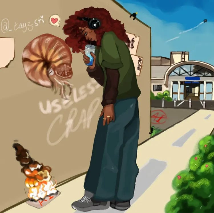 Illustration type digital art de _tayz_sti qui représente une jeune femme kanak avec un casque audio, un tricot noir, vert et pantalon large. Elle tient un gobelet d’eau qu’elle sirote à la paille tout en regardant un papier brûler où est écrit : IA.
Contexte du dessin : c’est devant l’accueil de l’université de Kanaky Nouvelle Calédonie.